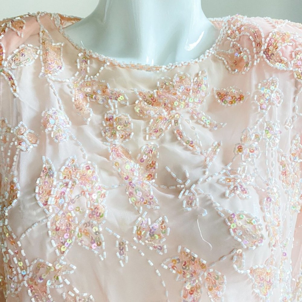 Vintage SILK Peach Pink Beaded Embroidered Cropped Evening Top M - Picture 6 of 9